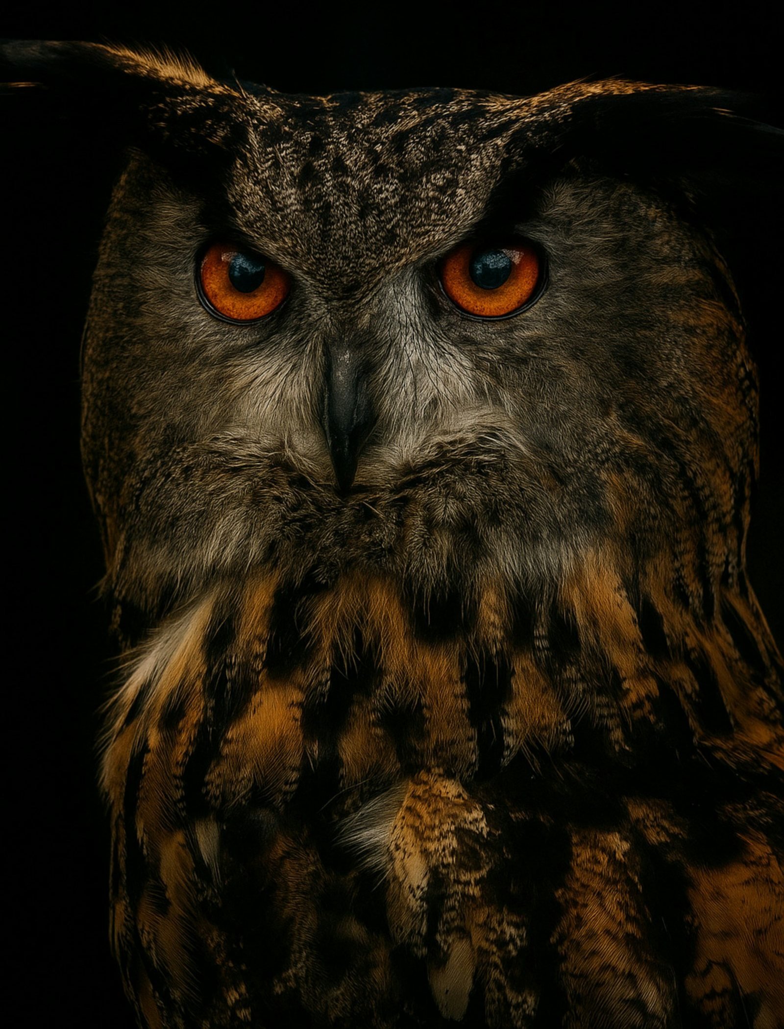 A Eurasian eagle owl with orange eyes staring out of the dark